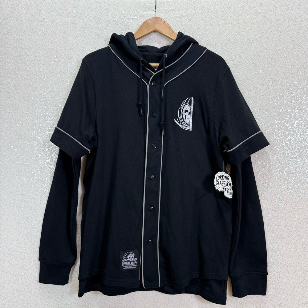 Lurking Class Black Layered Hoodie Baseball Jersey Skull Graphic Streetwear NWT